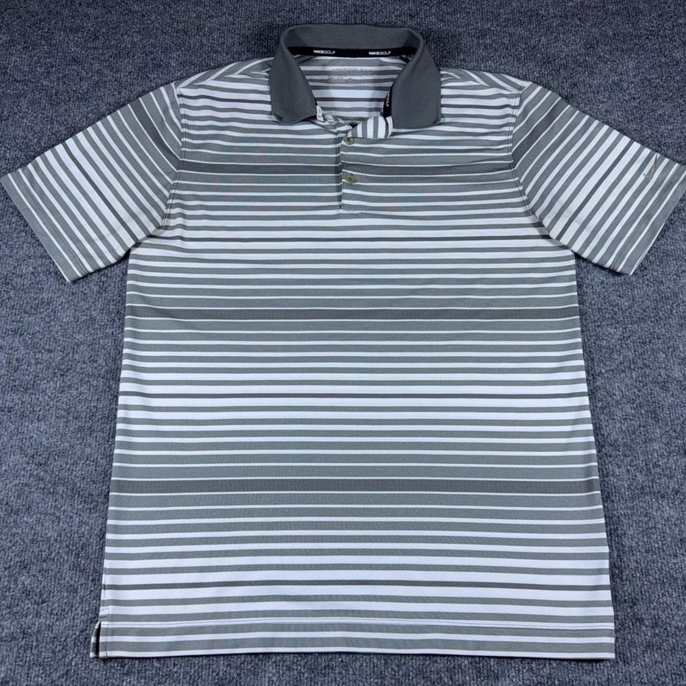 Nike Golf Tour Performance Dri-FIT Striped Polo Shirt Mens Medium Grey White
